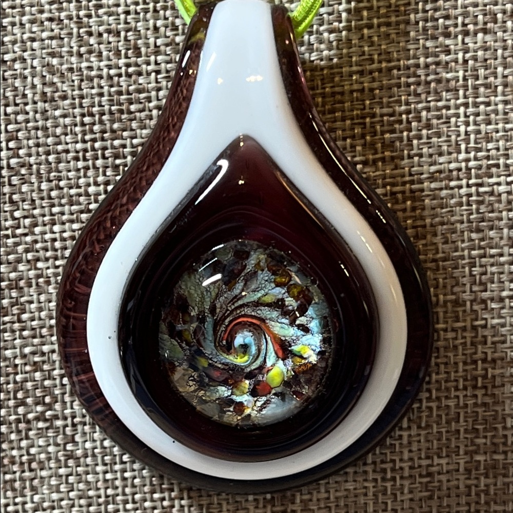 Artisan glass pendant on green ribbon chain, stunning!